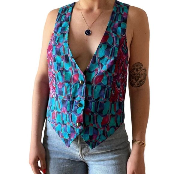 Vintage 1990s Womens Geometric Swirl Abstract Blue Preppy Vest Waistcoat Sz L - Picture 1 of 3